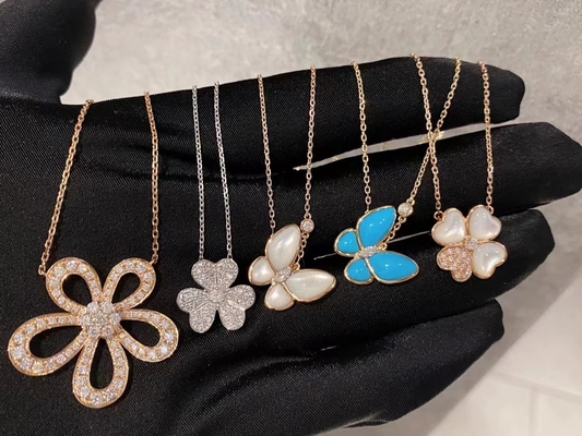 18k Yellow Gold VCA Sweet Butterfly Necklace VVS Diamond Round Cut
