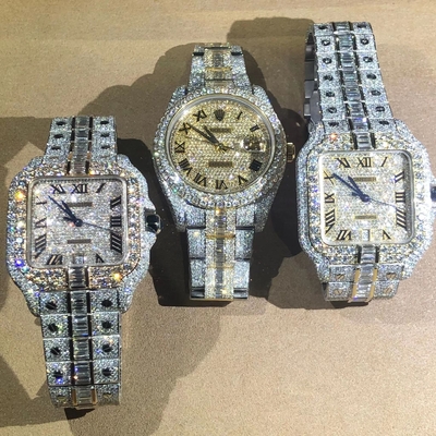 Stainless Steel Iced Out Hand Setting VVS Moissanite Lab Berlian Jam Tangan Mewah